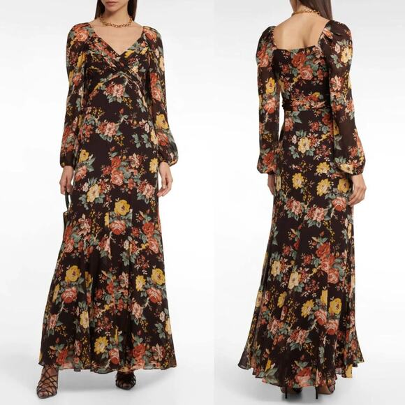 Veronica Beard Avani Floral Maxi Dress US 4 Brown 100% Silk Formal Gown Roses - Picture 15 of 15